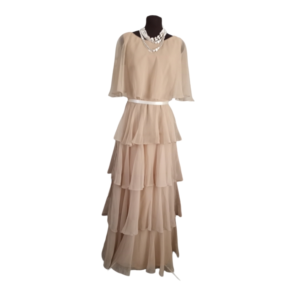 Vintage 70's Miss Elliette Tiered Chiffon Maxi Dress Gown Summer Vacation S-M